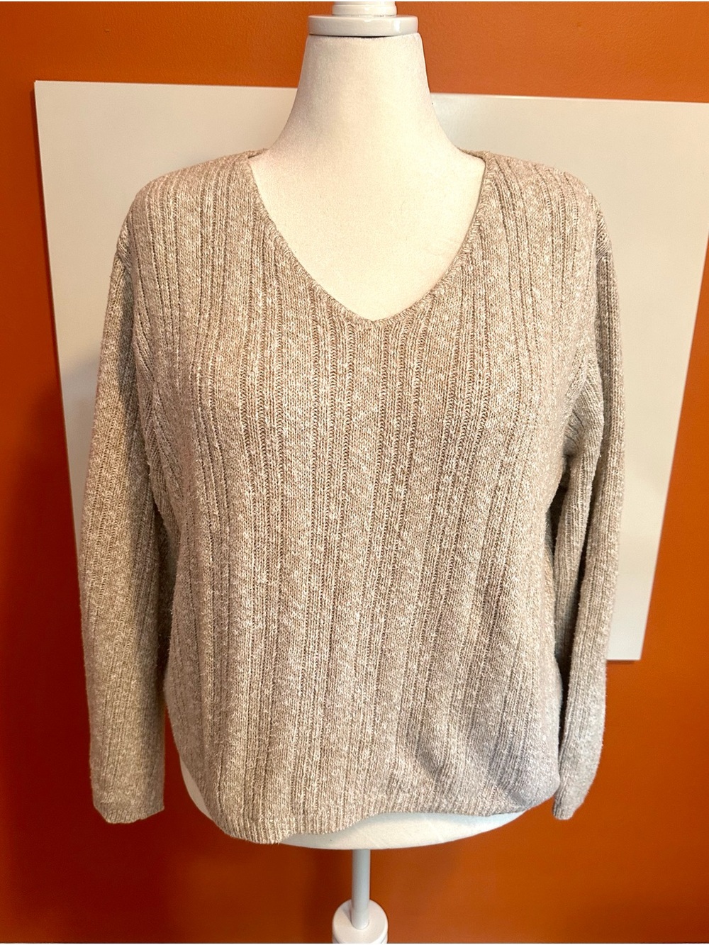 Soft Surroundings Neutral Beige Marled Ribbed V-Neck Sweater XL Made in USA